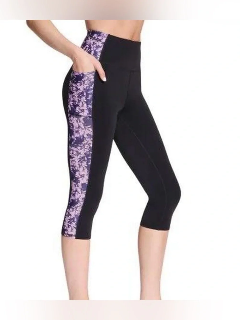 Skechers ladies high rise capri leggings purple floral side pocket activewear